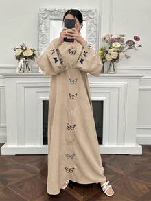 Yasmyna Women's Turkish Maxi Dress With Butterfly Pattern, Arabic Traditional Long Robe - Khaki - View 7