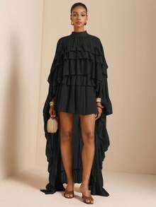 Vesra Women's Retro Elegant Ruffle Hem Brown Blouse - Black - View 4