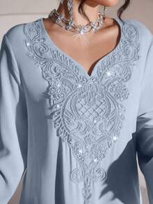 Al Najma Luxurious Embroidered & Beaded Loose Long Sleeve Split Maxi Dress, Turkish & Arabic Traditional Style - Blue - View 1