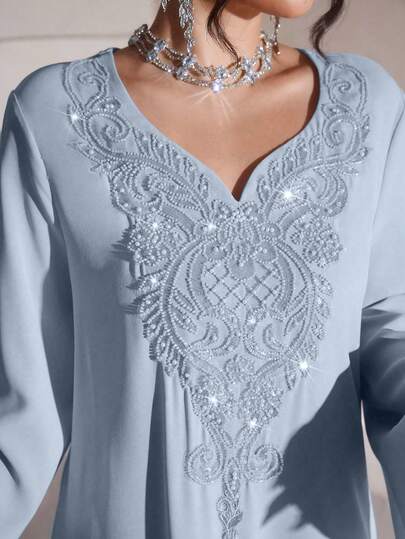 Al Najma فستان ماكسي طويل فضفاض مطرز ومزين باللؤلؤ ذو أكمام طويلة مفتوقة، بأسلوب تقليدي تركي وعربي فاخر