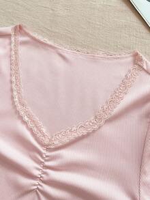 INAWLY Women's Solid Color Contrast Lace V-Neck Short Sleeve Ruffle T-Shirt - Pink - View 3