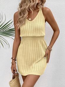 EMERY ROSE Vestido de suéter de mujer con cuello en V de ganchillo hueco y versátil de moda - Amarillo - Ver 7