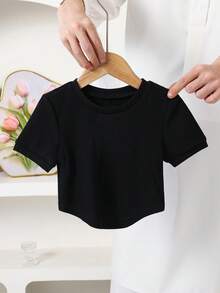 Emery Rose Kids Young Girls Solid Color Fitted Cropped Backless Organza Bow Decor Short Sleeve T-Shirt,Fashionable French Elegant Summer,Y2K Pink,First Birthday,Kids - Pink - View 3