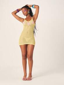 MISSGUIDED Crochet Starfish Detail Mini Dress Long Sleeve V Neck Bodycon Summer Beach Resort Vacation Knit Dress - Yellow - View 4