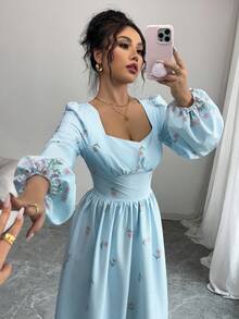 Modelyn 女士印花收腰A字连衣裙 - 藍色 - 查看 5