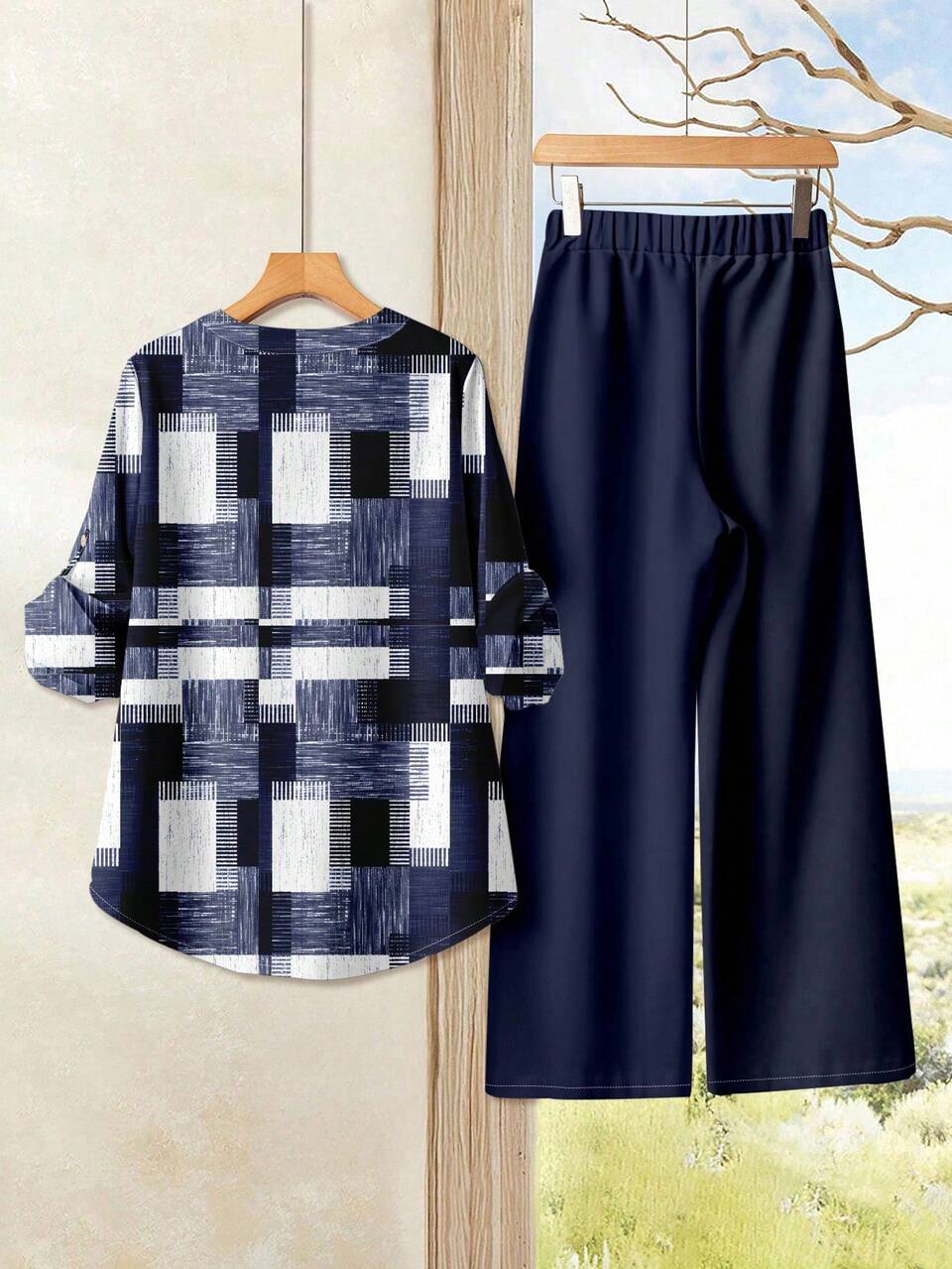 Stylish Women's Geometric Print Two Pieces Outfit With Regular Sleeves And Comfortable Pants,Casual