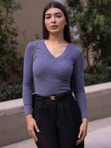 Andrea Bello 女式秋冬街头服饰文艺复兴博览会基本款罗纹针织保暖/寒冷天气/保暖弹力长袖 V 领 T 恤 - 藍色 - 查看 6