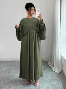 Elenzga 大尺碼女款優雅極簡橄欖綠長洋裝，秋季端莊長裙，蝙蝠袖燈籠袖荷葉邊下擺A字長禮服 - 軍綠色 - 查看 4
