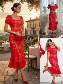 Ellevyn Váy đuôi cá ren trơn dự tiệc thanh lịch dành cho nữ - Đỏ - Xem 3