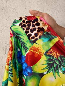 BamGleam Tropical Fruit & Leopard Print Twist Knot High Waist Skirt, Slit Bodycon Fit Vacation Chic Skirt, Spring/Summer New Niche High-End - Multicolor - View 7