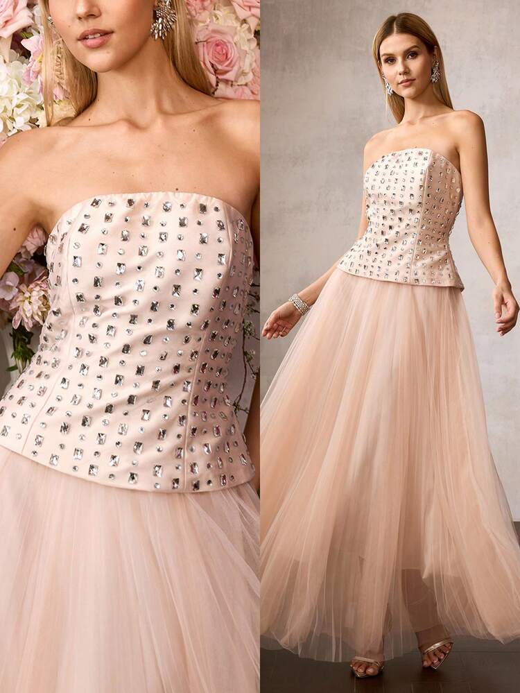 MOTF Soiréza WOMEN'S RHINESTONE EMBELLISHED CONTRAST MESH RUCHED LONG FORMAL DRESS