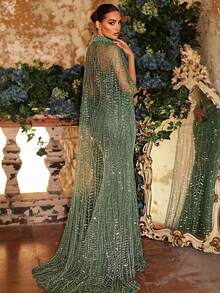 Glamrae Elegante y lujoso vestido de sirena con diseño de chaqueta desmontable con cuentas de perlas, apropiado para bodas, fiestas, vacaciones, galas y ocasiones formales (muy adornado) - Verde - Ver 5