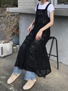 FRIFUL 女士蕾丝刺绣背带裙纯色连衣裙，适合春季至夏季穿着的吊带裙 - 黑色 - 查看 2