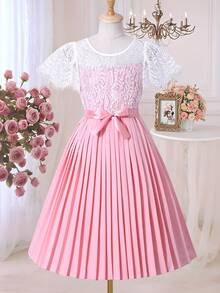 SHEIN Đầm ngắn tay xếp ly phối ren màu sắc dành cho bé gái tuổi teen, kiểu dáng thanh lịch. - Hồng - Xem 4