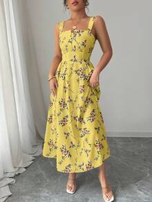 Elenzga Latest Floral Elegant Waist Shirred Long Dress For Women, Spring/Summer - Yellow - View 3