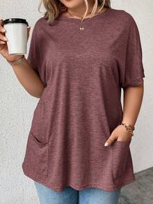 SHEIN LUNE Camiseta de manga de murciélago con bolsillos dobles, informal y de verano, talla grande - Burdeos - Ver 1