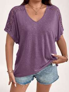 SHEIN LUNE Áo thun ngắn tay tối giản màu trơn cỡ lớn - Màu tím - Xem 5