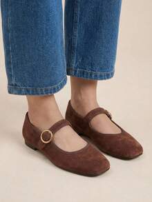 Mary Jane Chaff Ballerina Coffee With Decorative Buckle - Brown - View 3