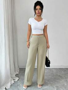 Elenzga Women's Elegant Casual Office Straight Leg Pants - Apricot - View 4