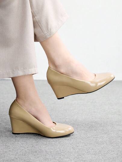 CUCCOO BIZCHIC Nude Patent Leather Wedge Pumps, Fashionable And Versatile
