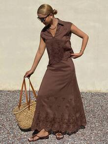 DAZY Women's Collared Hollow-Out Sleeveless Top & Skirt 2 Pieces Set, Vacation Outfit - Coffee Brown - View 4