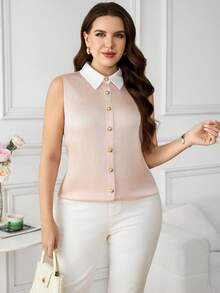 Reflora 大码夏季简约通勤优雅撞色翻领无袖前开襟衬衫，女士夏季，春假，春季女士，婚礼及活动，母亲毕业典礼，毕业典礼，女士度假，女士假日，夏季假期，夏季休闲，奢华，女士正装，女士社交，女士正装，新娘母亲 - 粉色 - 查看 4