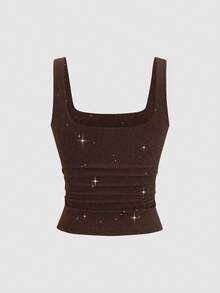 Sweetra Áo tank top nữ dáng ôm eo, chất liệu vải bóng mới, thanh lịch, thích hợp mặc đi làm hàng ngày, mùa thu. - màu nâu - Xem 2