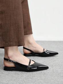 CUCCOO BIZCHIC Giày bệt nữ, da bóng màu đen, mũi nhọn khoét rỗng, sandal có khóa điều chỉnh phía sau, giày công sở thanh lịch. - màu đen - Xem 4