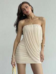 Aloruh 褶皱胸部优雅浪漫修身迷你连衣裙 - 杏色 - 查看 5