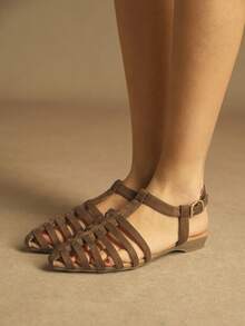 Rosivie 新款罗马风轻奢金属镂空编织罗马舒适平底凉鞋，女士尖头平底搭扣凉鞋，夏季海边度假鞋，情人节特惠 - 卡其色 - 查看 2