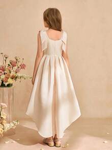 Girls' Apricot Color Asymmetric Hem Dress With Bow Decor, Midi Length Children's Formal Wear Teen Girl Elegant Dress Beige Cocktail Dress For Tween Ivory Tween Dress Elegant Dress For Tweens Tween Champagne Easter Dress Elegant Spring Tween Dress Cream Dress For Girls Beige Formal Dress For Girl - Apricot - View 2