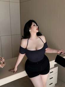Vibekara 大码女士性感露肩短袖T恤，夏季 - 藏蓝色 - 查看 3