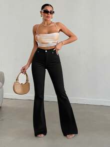 SHEIN Women's Casual Daily Solid Color Versatile Flared Jeans With Slant Pockets, Tall Women - Black - View 4