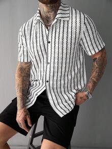 SLATEMANN Men's Casual Striped Short Sleeve Shirt, Summer - Black and White - View 5