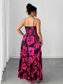 Vestido de mujer talla con nuevo diseño de estampado floral, nudo delantero, cintura con lazo y bajo con abertura, adecuado para vacaciones y citas - Rosa Fucsia - Ver 2
