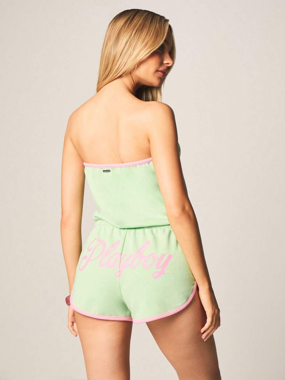 Missguided x Playboy Mint Strapless Bandeau Jumpsuit With Pink Contrast Trim And Drawstring Waist Summer Playsuit For Casual Beach Vacation Outfits