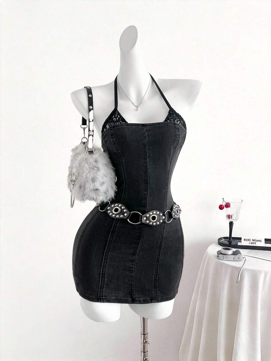 女士露背修身时尚吊带牛仔连衣裙 - 灰色 - 查看 1