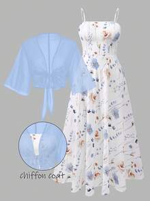 SHEIN Franclia 大码女式碎花雪纺连衣裙搭配优雅开衫套装，夏季 - 藍白色 - 查看 3