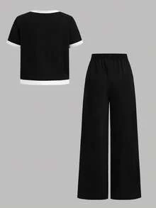 SHEIN Girlism Bộ đồ 2 món cho bé gái tuổi teen: áo thun cổ chữ V phối màu và quần ống đứng, trang phục thường ngày thanh lịch, phù hợp cho đi chơi, họp mặt gia đình. - màu đen - Xem 4