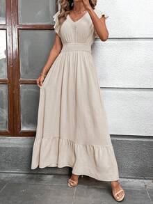 SHEIN Clasi Women's V-Neck Cap Sleeve Flare Sleeve Cinched Waist A-Line Khaki Solid Textured Fabric Elegant Everyday Casual Dress, Spring/Summer Summer Dress Elegant Long Dress Vacation Dresses Long Dress, Ruffled Sleeves, A-Line Silhouette, Textured Fabric, Light Khaki, Solid Apricot, Spring/Summer Women's Wear. - Khaki - View 3