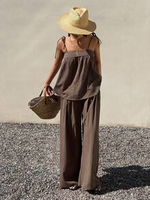 DAZY Women's Summer Casual Camisole Top And Loose Wide Leg Pants 2 Pieces Set Lounge Sets For Women - Brown - View 2