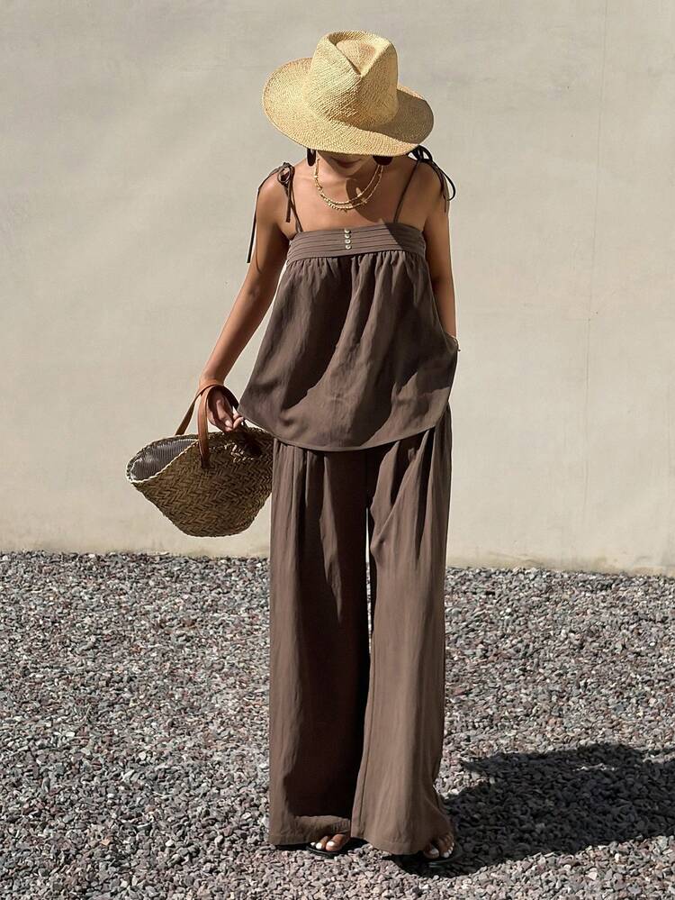 Women's Summer Casual Camisole Top And Loose Wide Leg Pants 2 Pieces Set