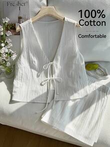 Comfortcana 大码夏季休闲度假纯色系带背心短裤两件套 - 白色 - 查看 3