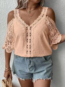 SHEIN Clasi Plus Size Summer Solid Color Patchwork Lace Swiss Dot Off-Shoulder Blouse - Coral Pink - View 3