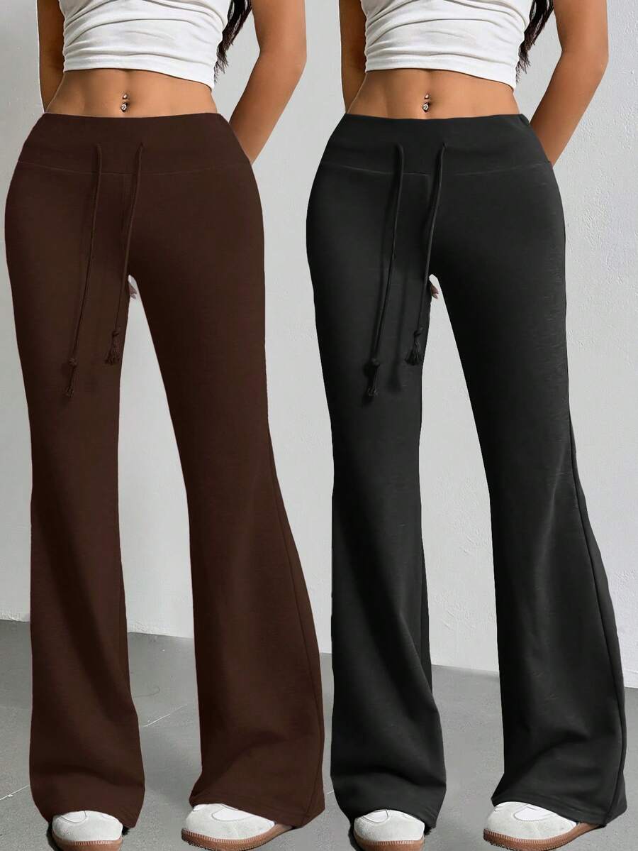 SHEIN EZwear 2条装女士新款抽绳腰喇叭裤运动裤,适合户外活动,女士正装裤,喇叭裤,阔腿裤,高腰女裤,女士正装裤,喇叭裤,阔腿打底裤 - 棕色 - 查看 1