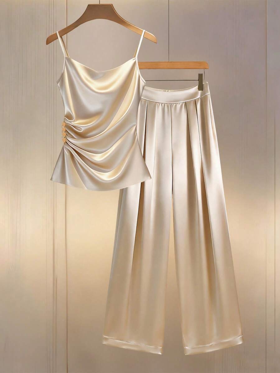 Franclia Conjunto de 2 piezas para mujer, elegante y versátil, con camiseta de cuello drapeado y pantalones de pierna ancha, con brillo satinado, para /verano, atuendo de oficina, moda - Albaricoque - Ver 1