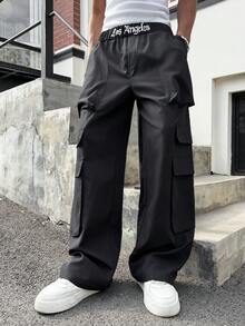 PAVTROS 男士字母印花休闲裤，舒适百搭，街头风多口袋设计，适合情人节、春夏、Y2K、狂欢节、复古、街头风、派对、圣帕特里克节、外出等各种场合，也可作为工作服穿着。大口袋设计，印花腰带，男士长款工装裤。 - 黑色 - 查看 4