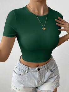 SHEIN Unity 女士撞色圆领短袖打结腰身修身T恤 - 墨綠色 - 查看 4