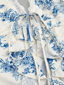 Sweetra 大码复古极简印花性感蕾丝拼接吊带背心蕾丝边上衣印花上衣女士吊带背心荷叶边吊带背心 - 藍色 - 查看 5