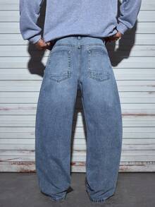 Modcrash 男士休闲宽松直筒牛仔裤，百搭街头风，适合夏季度假穿着 - 淺色水洗藍 - 查看 2